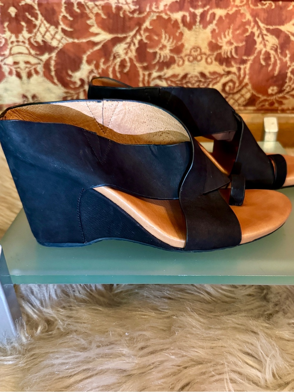 gentle souls Black Suede Wedge Slide Sandals